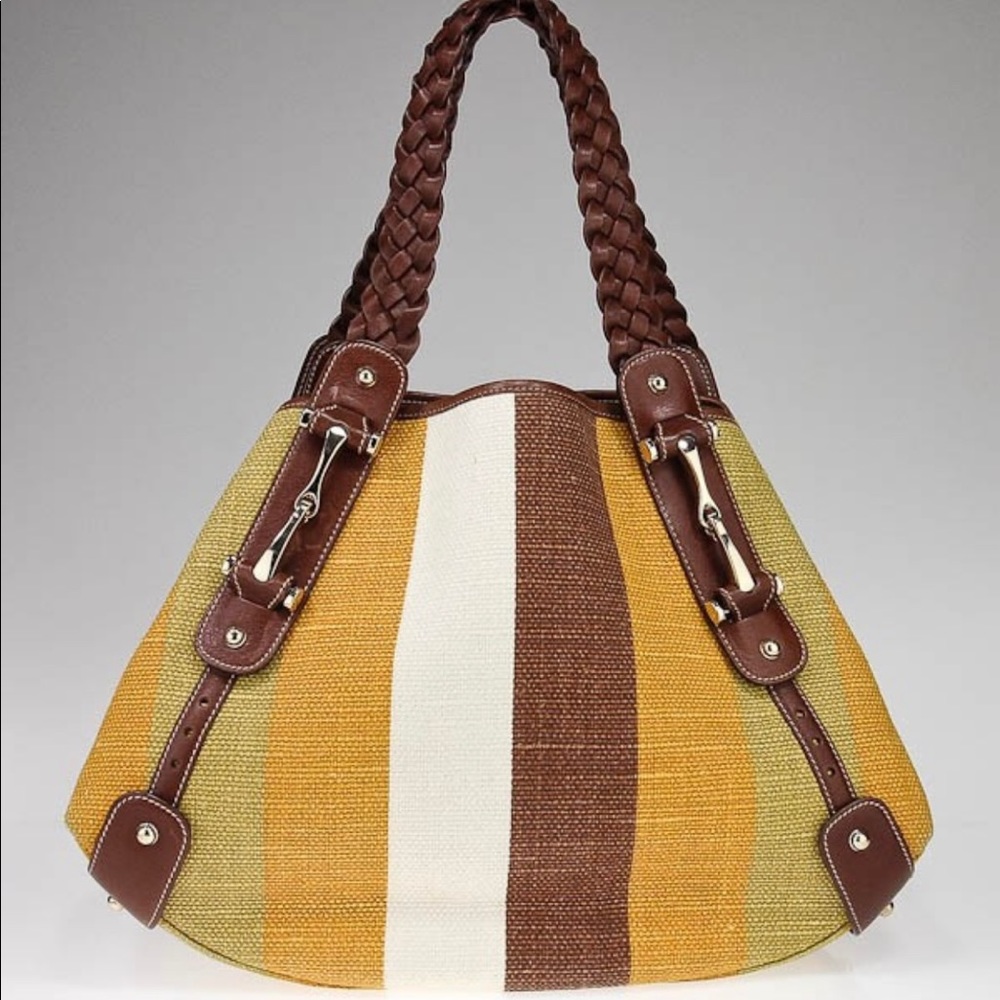 Gucci Brown, Yellow & White Striped Shoulder Bag